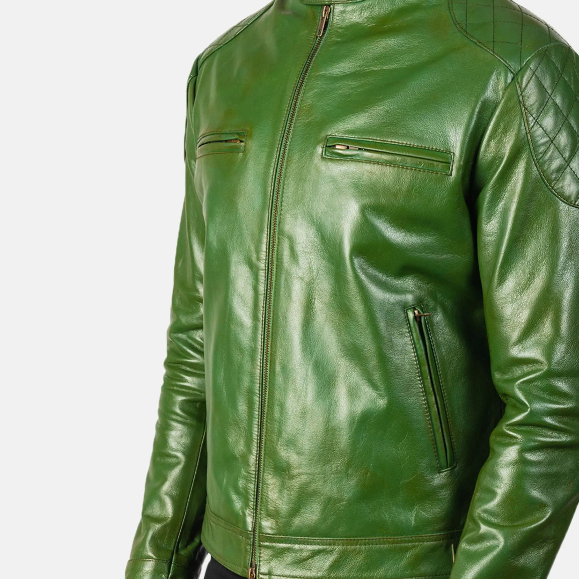 Real Leather Sheepskin Aniline Zipper Gatsby Green Biker Jacket with Quilted Viscose Lining and Inside Outside Pockets