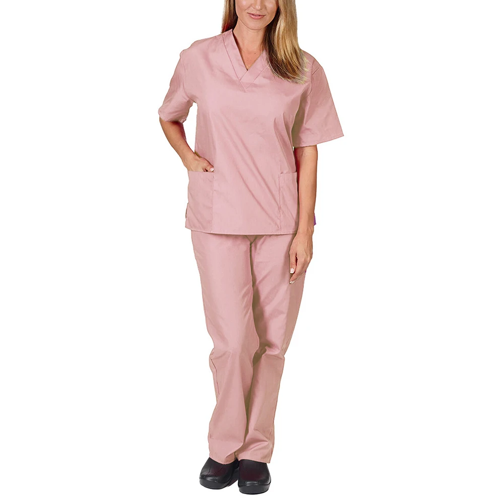 Elasticity Casual Nurse Uniform Solid Color Nursing Scrub Women Uniform Pet Clinic V-neck Pocket Protection Doctor Work Clothing