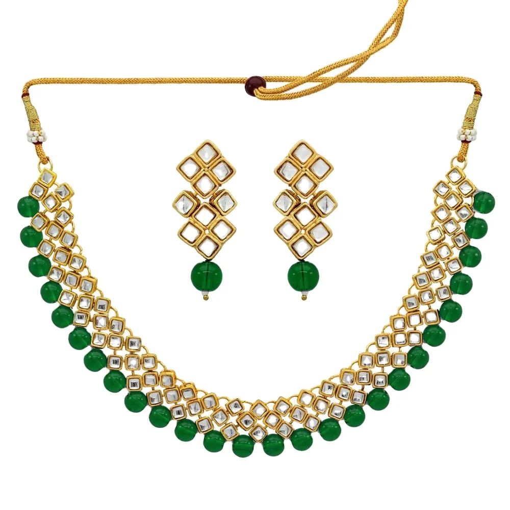 Rama Green Color Kundan Necklace With Earring