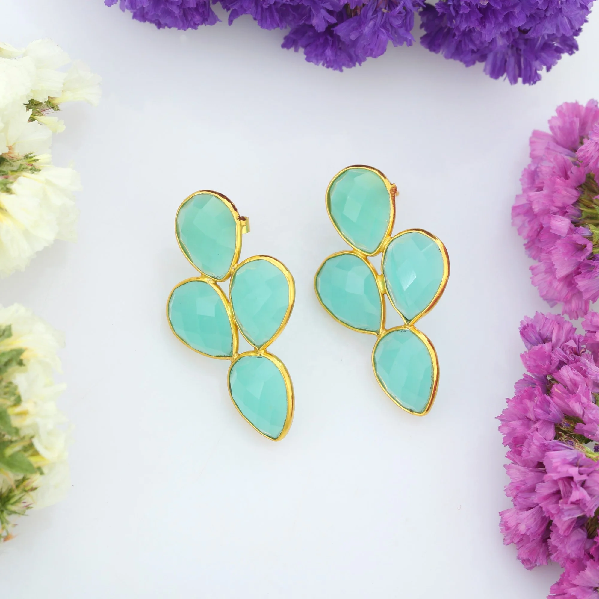 Aqua Chalecedony Earring Gold Plated 925 Sterling Silver Earrings Fine Jewelry Pear Shape  Earrings