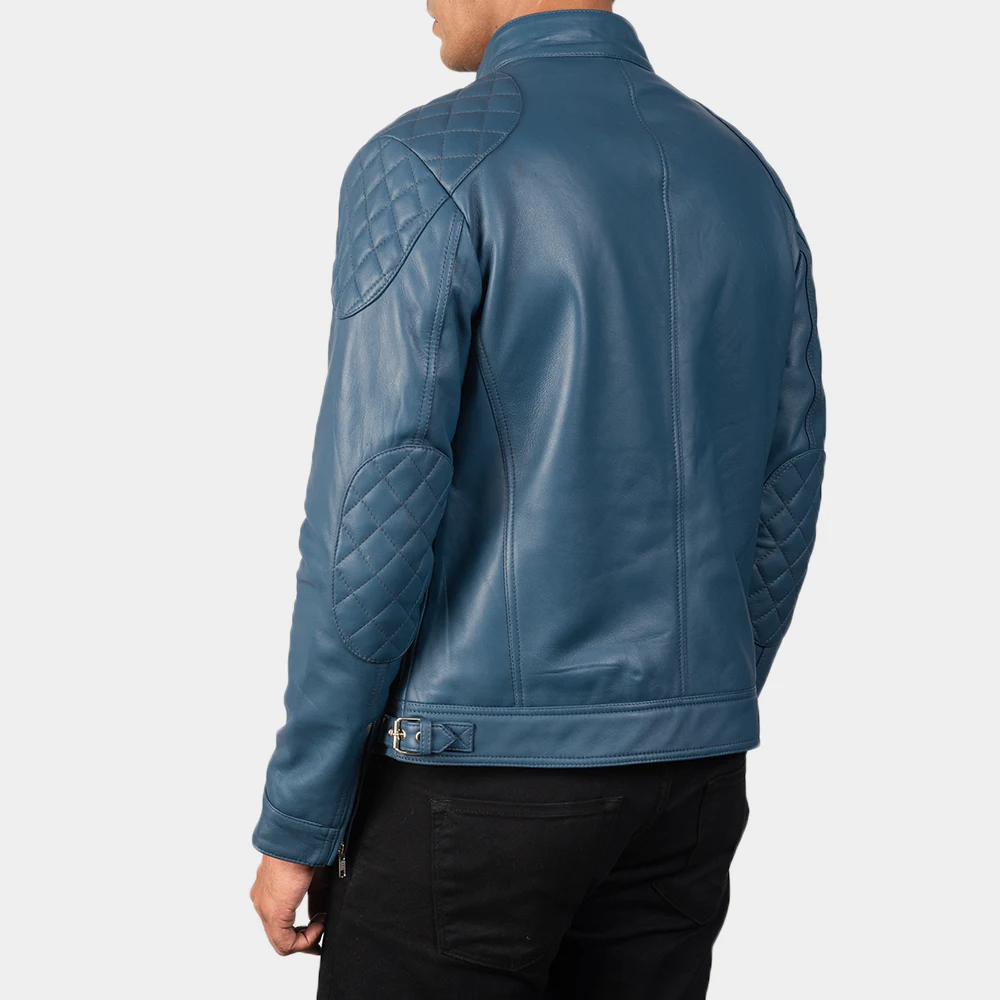Real Leather Sheepskin Aniline Zipper Gatsby Blue Men Biker Jacket with Quilted Viscose Lining and Inside Outside Pockets