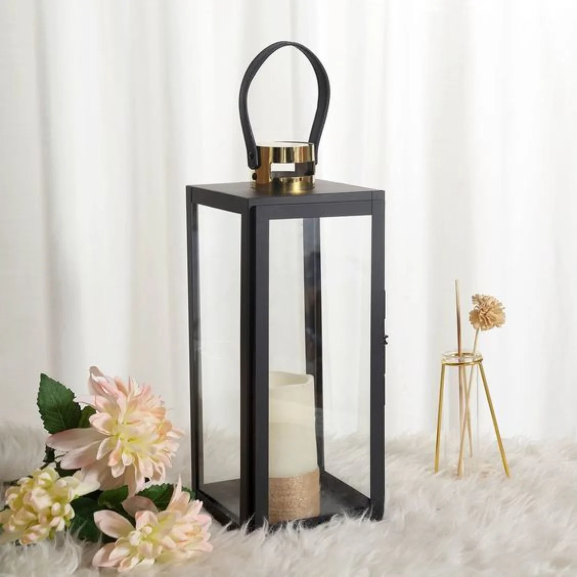 Modern Black Metal Lantern Candle Holder Lantern- Hanging or Tabletop (Set of 3)