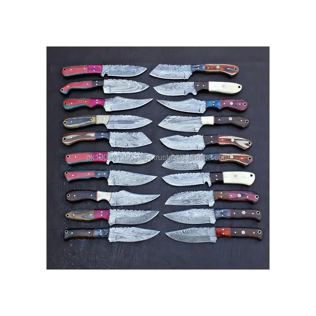 Assortment of Fixed Blade Hunting Knives Damascus Steel Hunting Knives Camping Knives With Different Handles