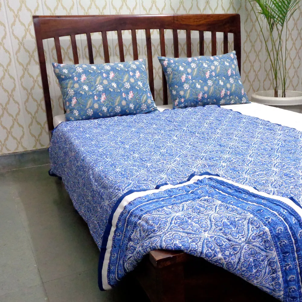 Cotton Quilted Bedspread 100% Pure Cotton Filling Traditional Woodblock Style Hand Block Printed Cotton Twin Size Quilt