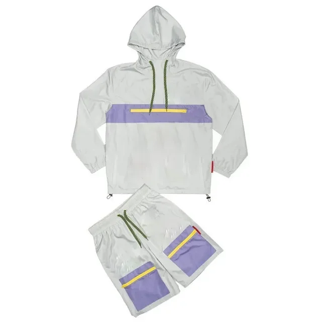 New Men Two Piece Custom Windbreaker Shorts And Jacket Tracksuit Reflective Zip Up Nylon Two Piece Windbreaker Short Set