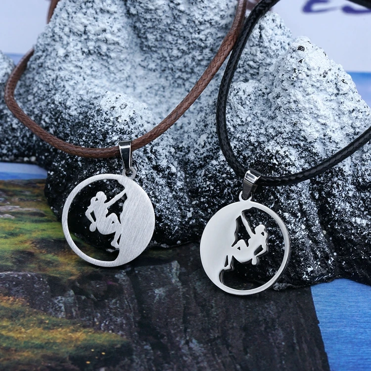 Designed Hollow Round Rock Climber Boy Pendant Climbing Jewelry Necklace Stainless Steel Thick Leather Cord Necklace For Men
