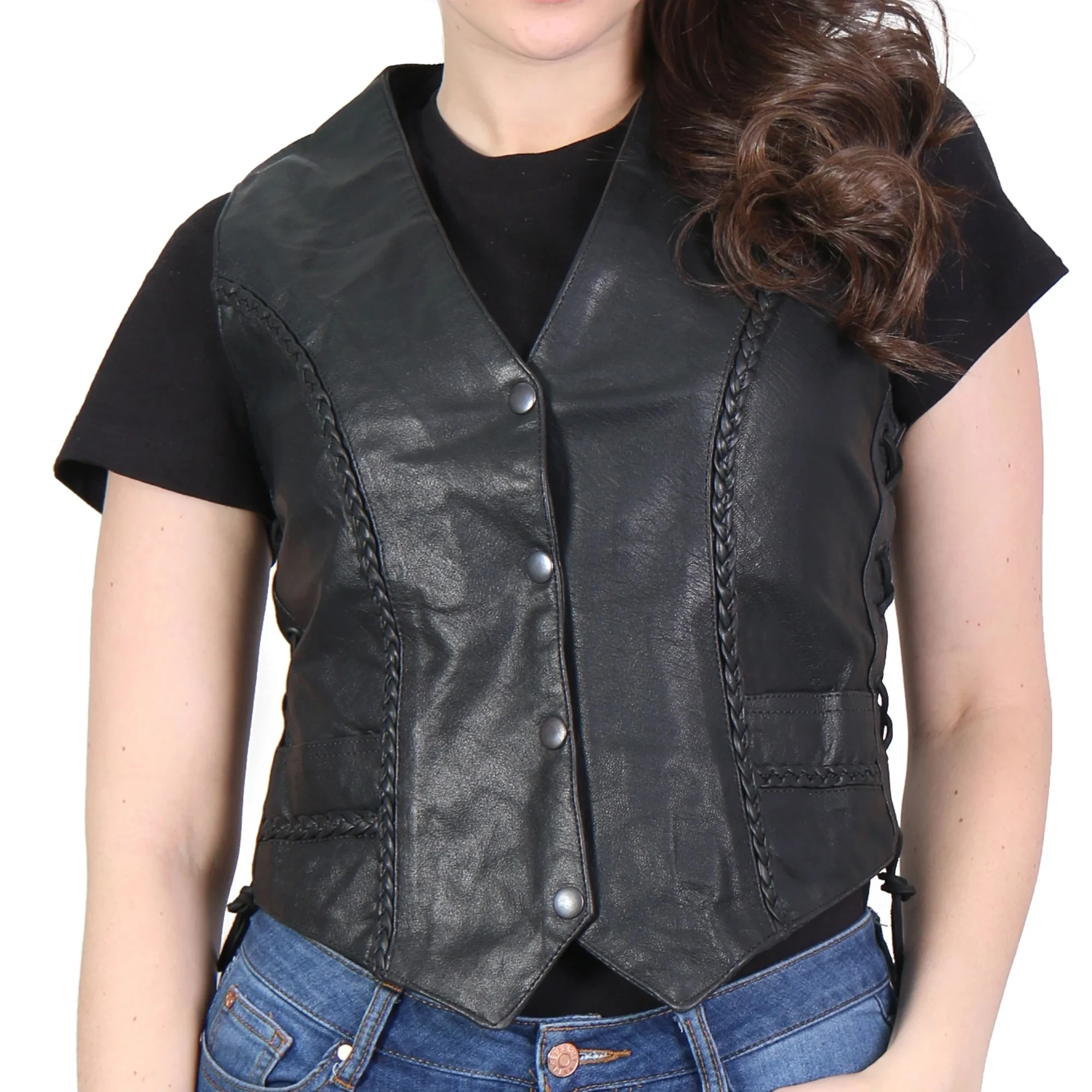 Motorcycle Black Leather Braided Biker Vest Ladies Genuine Cowhide Leather Vest Black Women Waist Coat