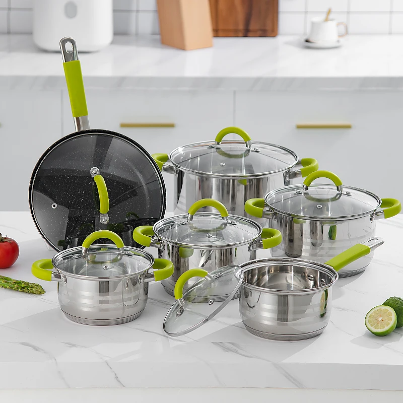 Manufacturer Pot Pan Sets Kaisa Villa 12pcs Stainless Steel Cookware Sets Kitchen Cooking Pots for Induction Cooker