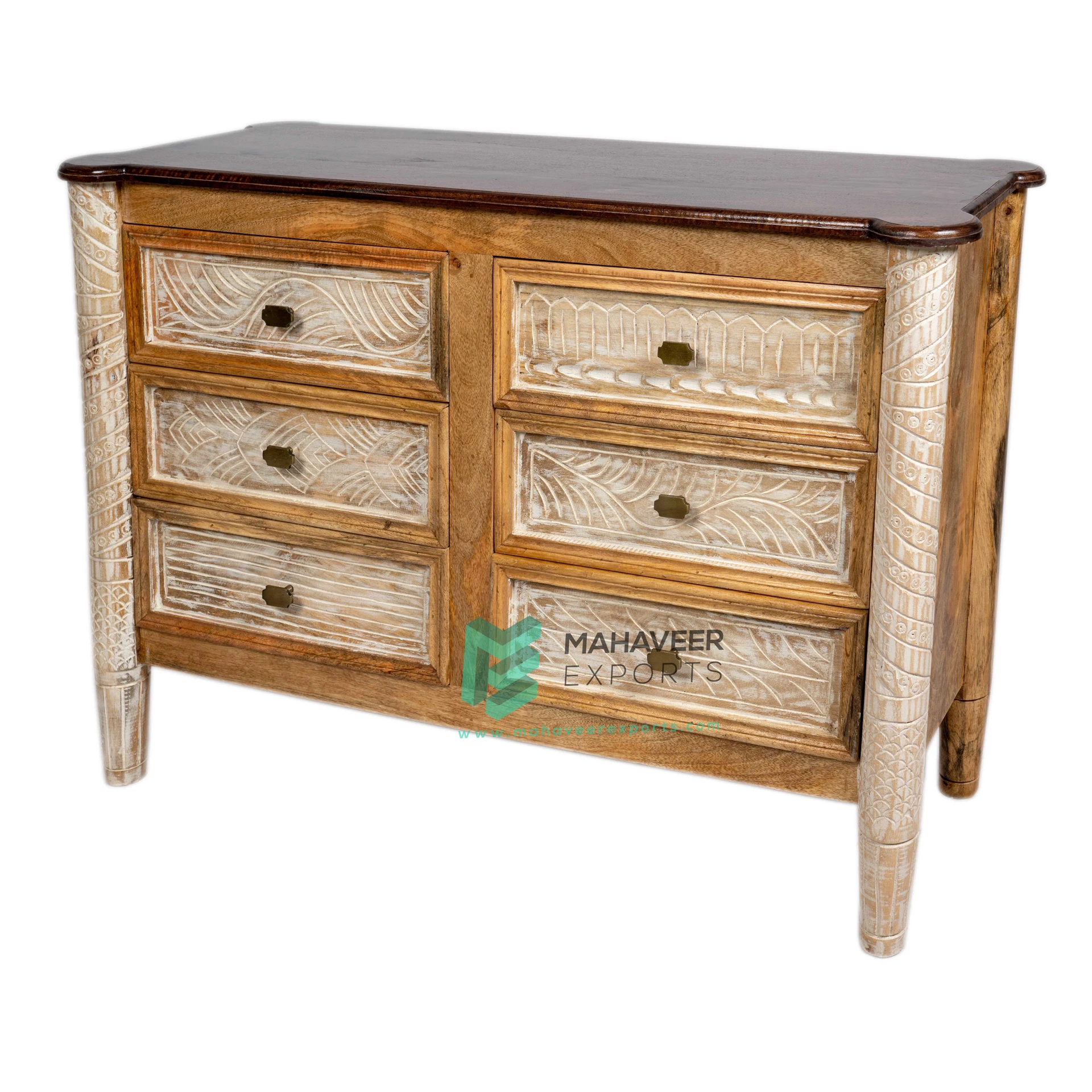 Best Quality Wooden Hand Carved Six Drawer Chest In Distress Finish For Living Room Carved Design Furniture