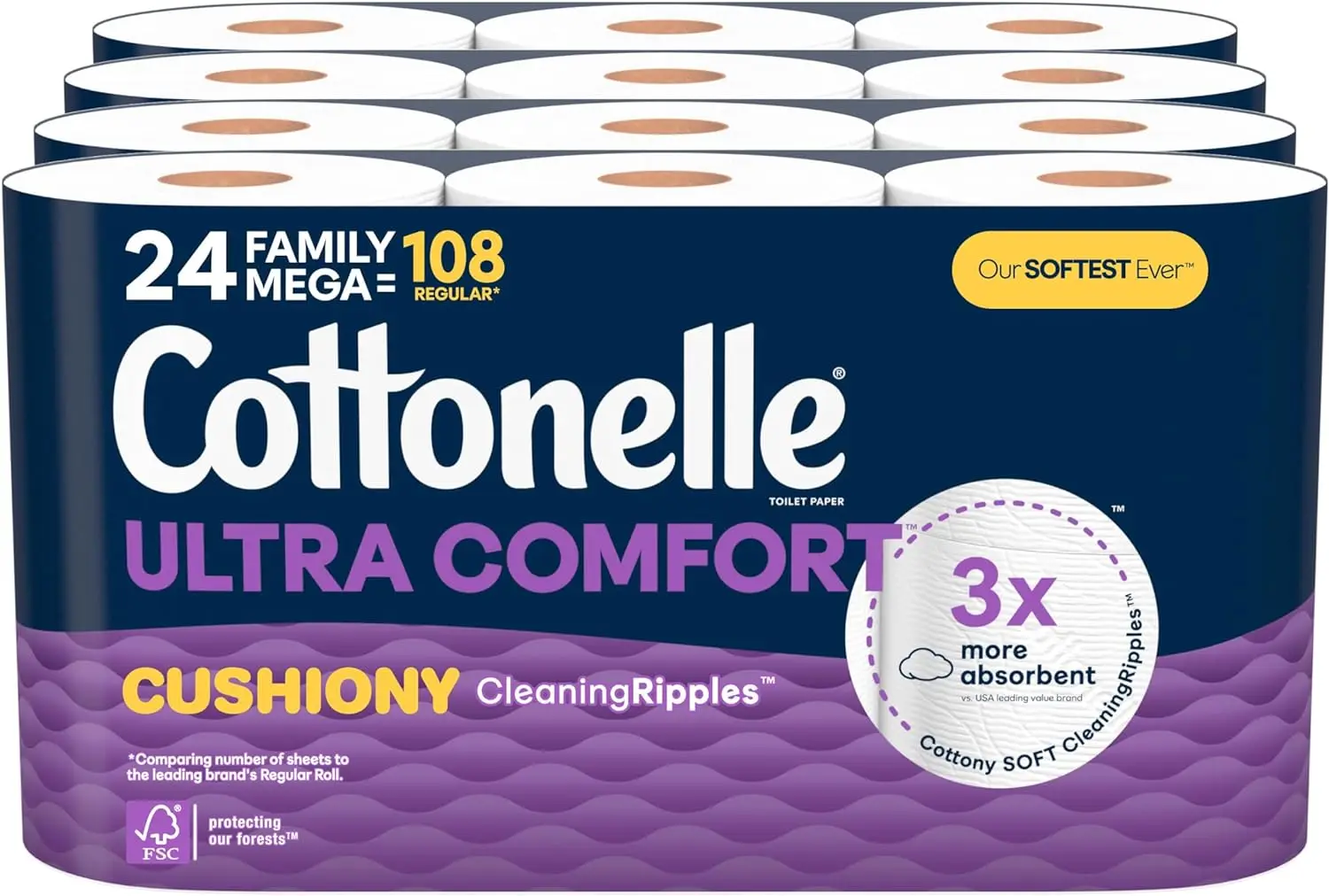 Ultra Comfort 3-Ply Jumbo Roll Toilet Paper Household Tissue with Cleaning Ripples Texture