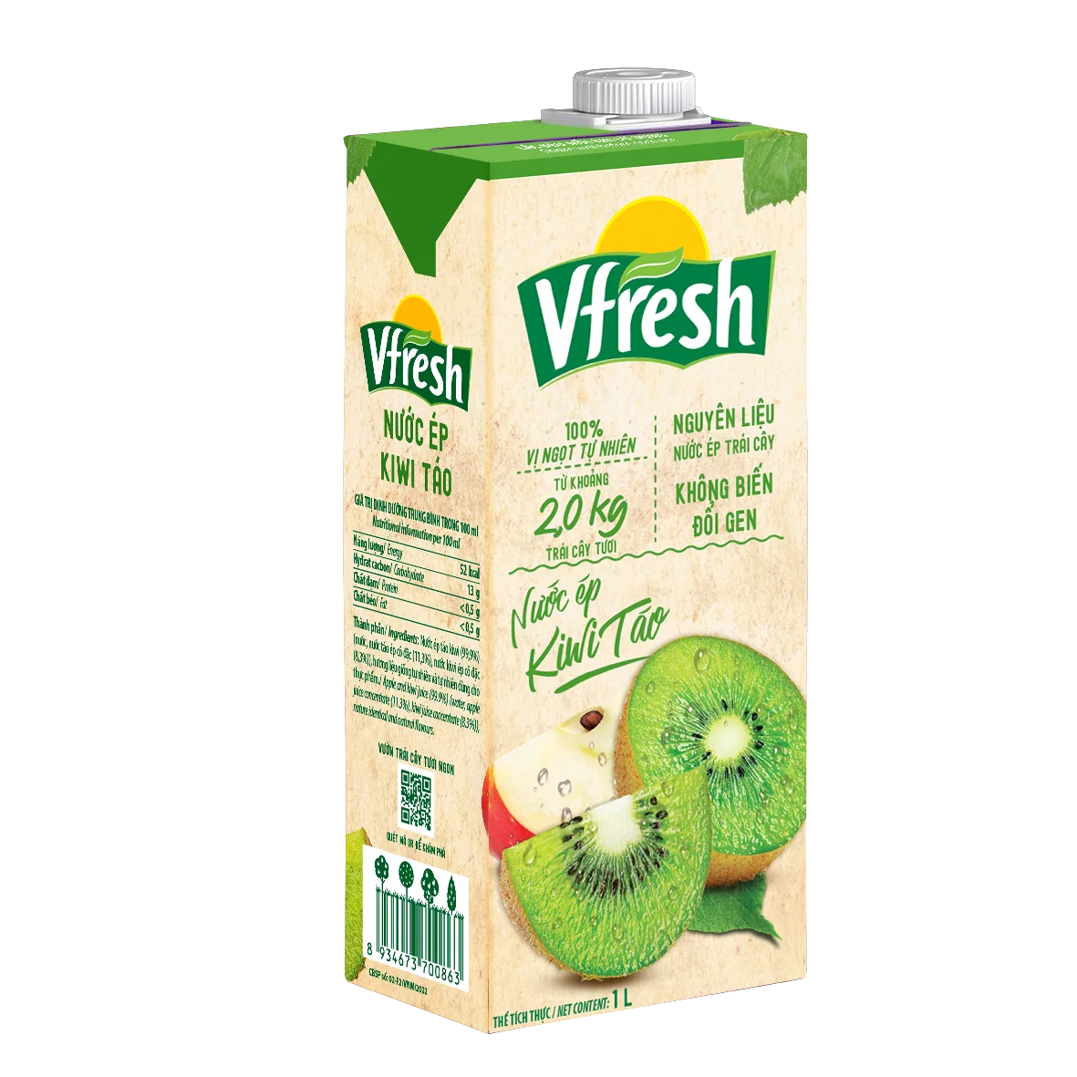 Vinamilk - Vfresh - Kiwi & Apple Flavor - Super Premium Fruits Juice - Box 1 Litre X 24 Boxes Per Carton 1 % Purity
