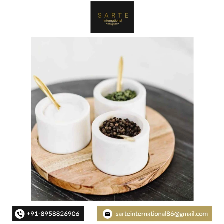 Luxury Marble Pinch Pot and Spoons Set Marble Seasoning Storage Jars Wooden Base Salt Spice Jar from Indian Supplier