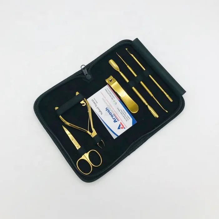 Оптовая продажа, высококачественный набор для педикюра из нержавеющей стали золотого цвета, резак для ногтей, кусачки для кутикулы, толкатель ногтей, ножницы для ногтей