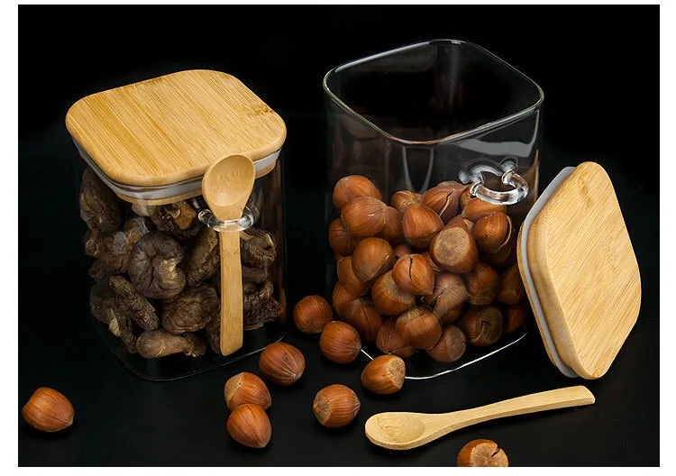 Wholesale borosilicate food storage container clear spice sugar food square glass storage jar with bamboo lid spoon
