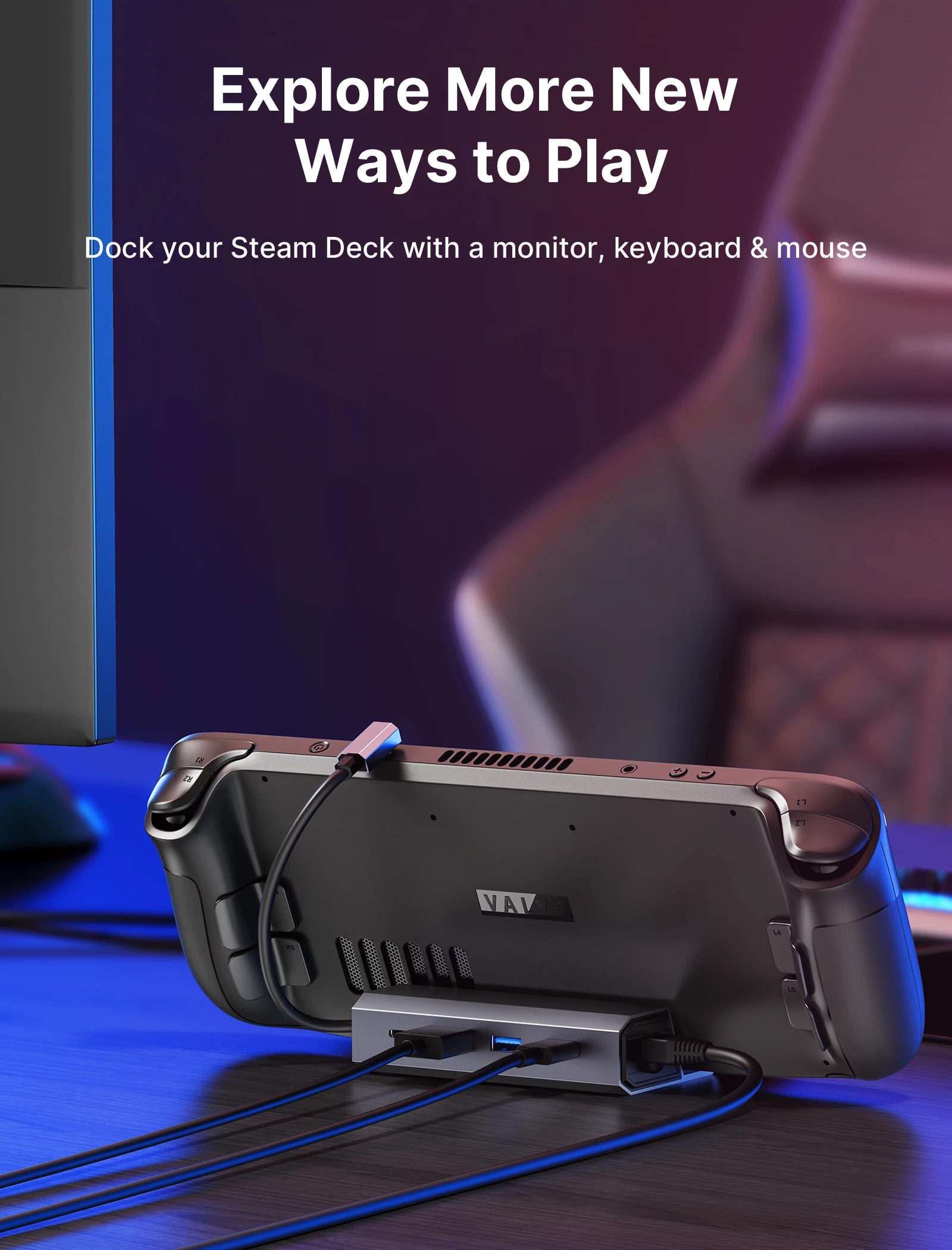 JSAUX 6 in 1 Steam Deck Docking Station USB 3.0 RJ45 1000M 100W Charging  4K 60Hz Docking Station for Steam Deck