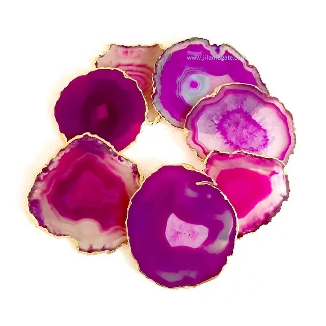 Wholesale Pink Agate Quartz Semi-Precious Stone Cup Holder & Table Decoration Gold Plating Hot Sale Gemstone Slice Coaster