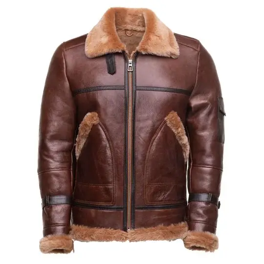 Brown Bomber sheepskin shearling jacket with large pockets with fur decorated on collar pocket waistband and cuff men jackets