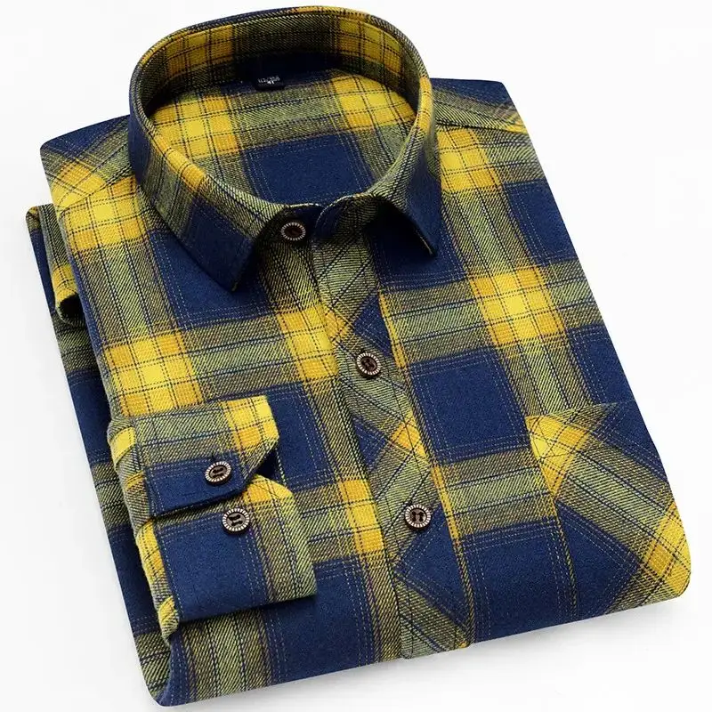 Flannel comfortable and warm fabric fancy plaid cotton long sleeve shirts for men Casual Shirts Regular Fit Custom Logo