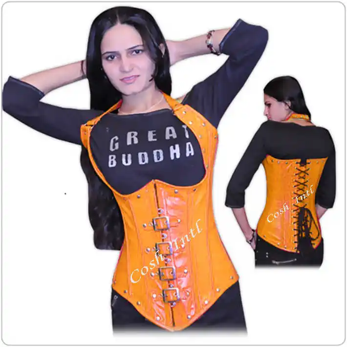 COSH CORSET Experience Underbust Steelboned Orange Leather Halter Corset With Front Buckles And Studs Decoration
