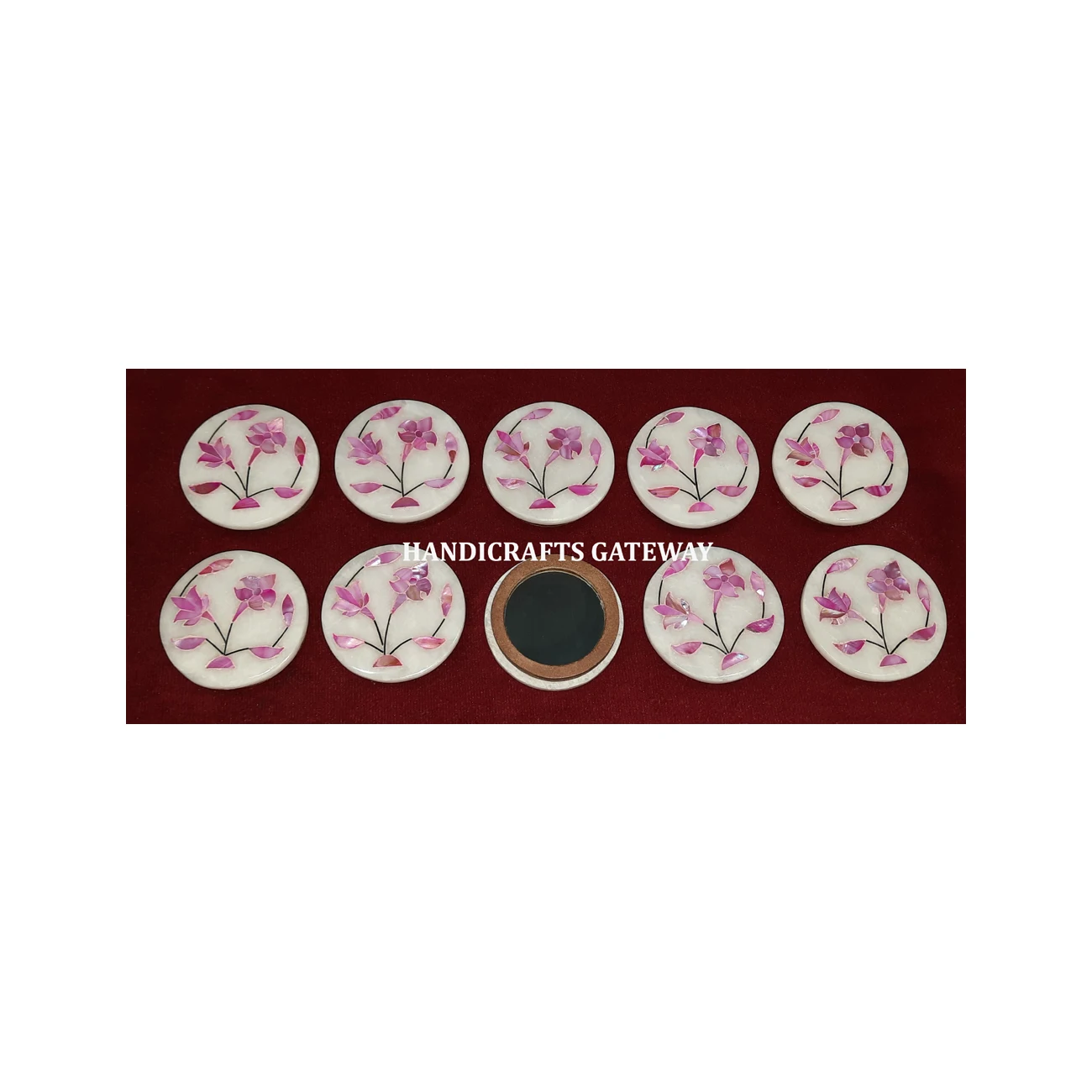 Indian Manufacturer And New Seller Handmade White Marble Mother Of Pearl Pink Inlay Design Mirror Of Gifting And Home Decoration