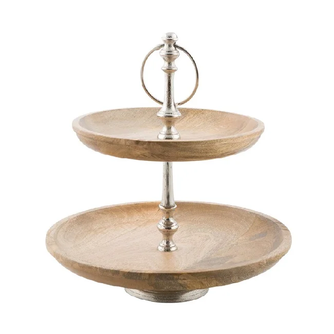 Natural Finished Round Fruits Chocolate Display Trays 2 Tier Tall Eco Friendly Cake Stand For Birthday Parties And Decoration