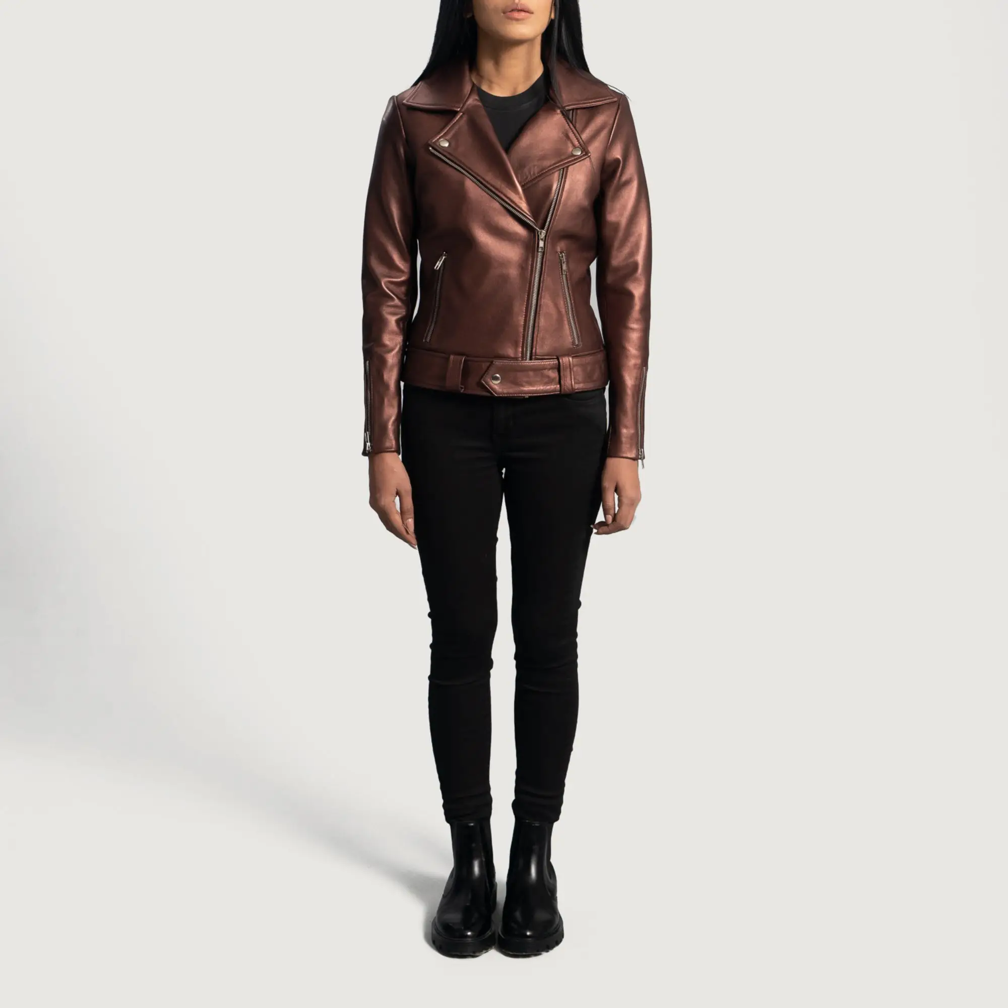 Real Leather Sheepskin Aniline Zipper Rumy Maroon Women Biker Jacket with Quilted Viscose Lining and Inside Outside Pockets