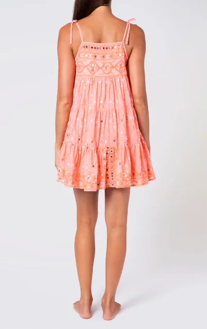 Vivid Coral Mosaic Print Mirror Embroidered Tired Women Mini Dress  Irresistible Girls Perfect Fit Summer  Vacation Short Dress