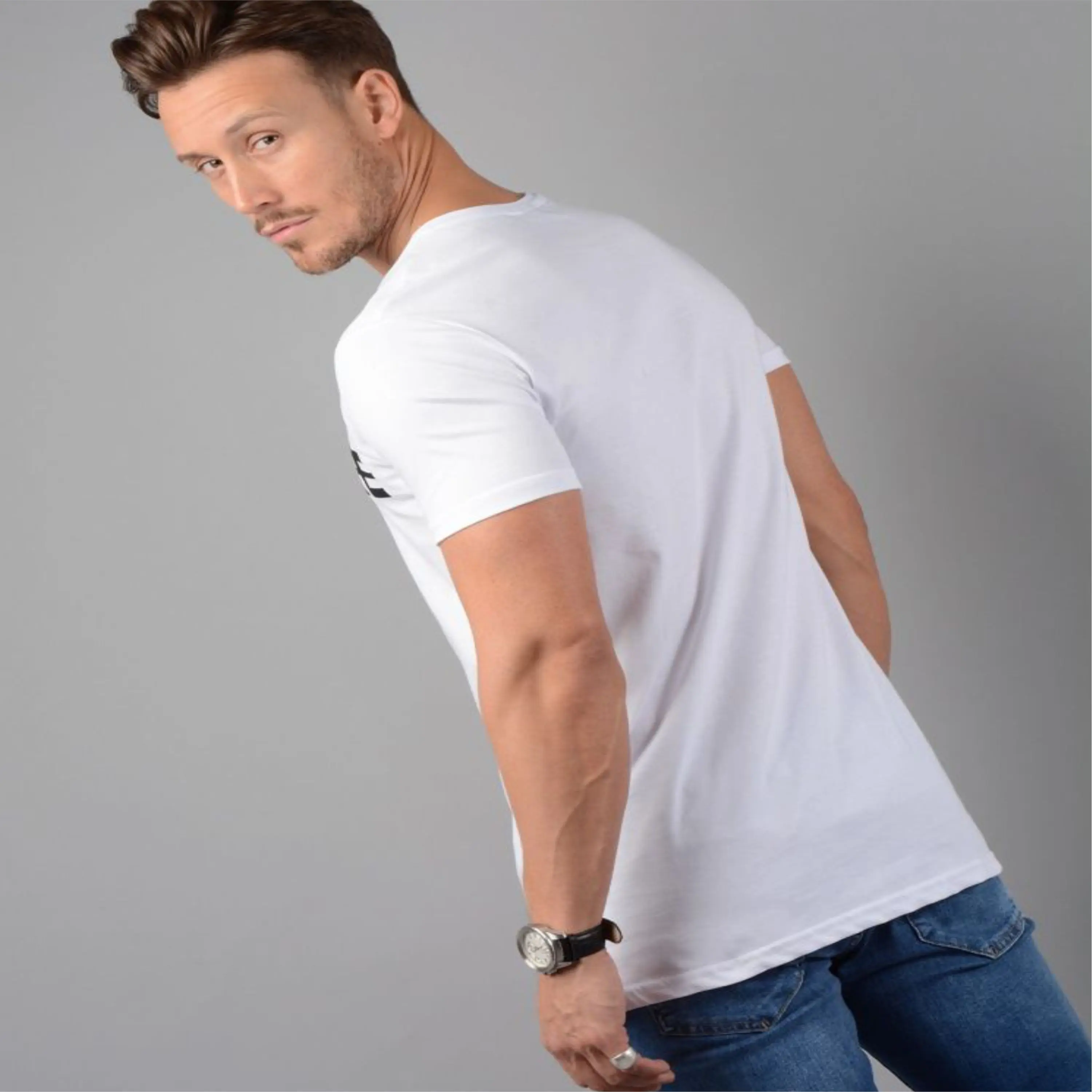100% Fine Ring Spun Combed Cotton OPtech 200 gsm Single Jersey Slim Fit Short Sleeves White Mens Longline T-Shirt