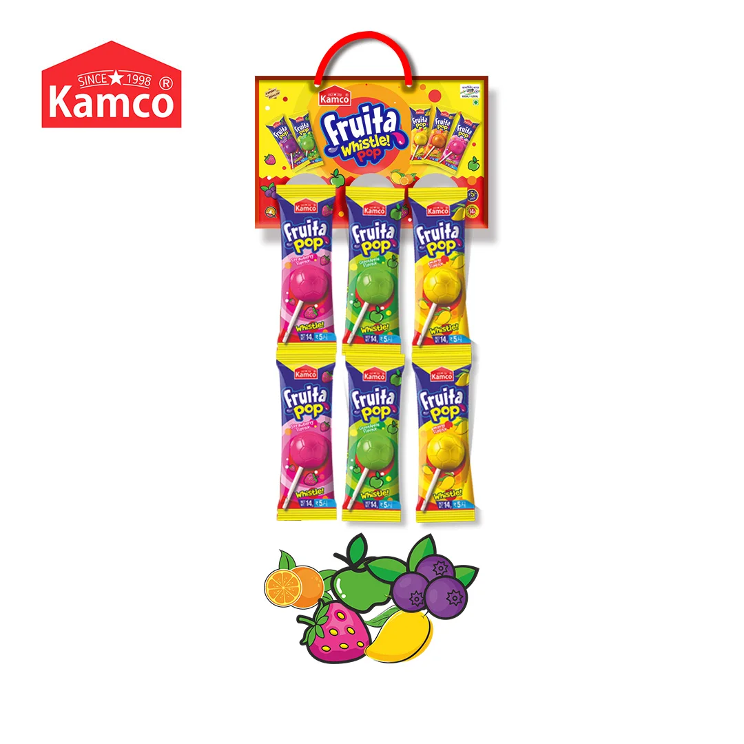 Export Quality Kamco Fruita Whistle Pop Mix Fruit Flavour Lollipop Long container packaging