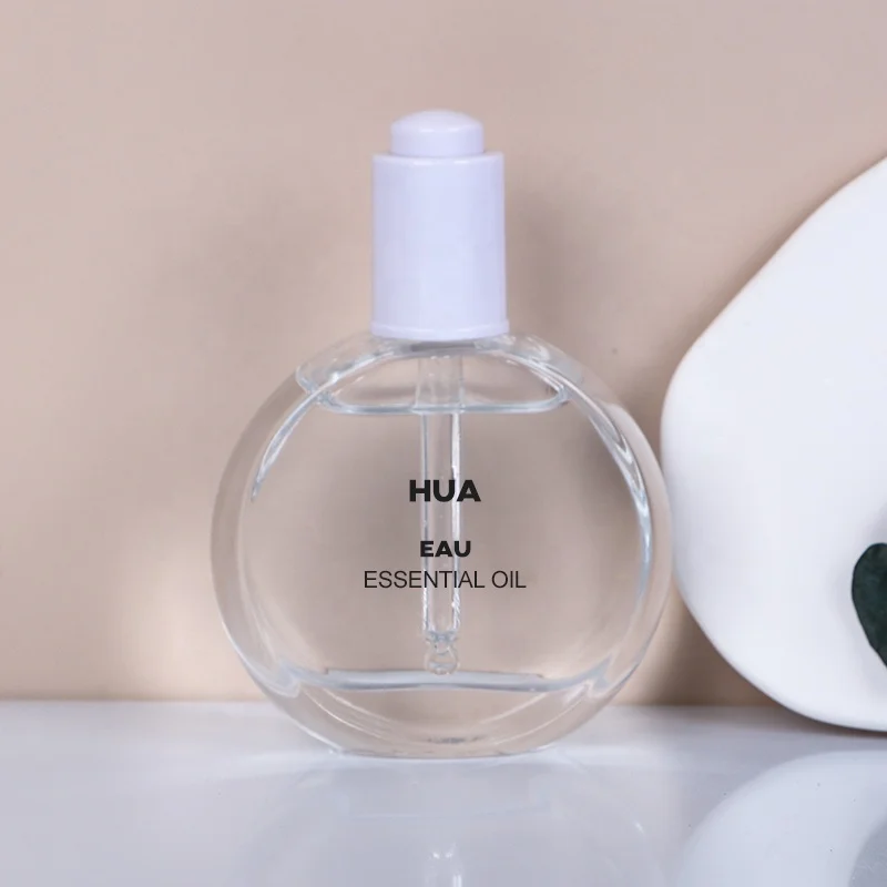 50ml flat round hot sale glass serum cosmetic essential oil dropper bottle with pump