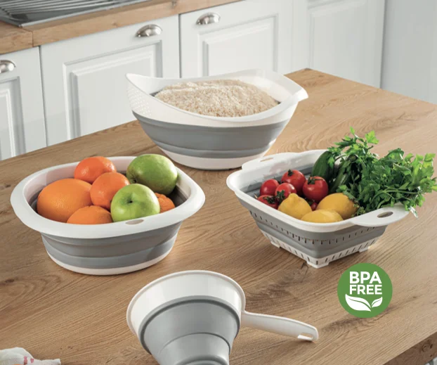 Square Silicone Collapsible Colander Handle Folding Kitchen Strainer Draining Fruits Vegetables Pasta Dishwasher Safe Plastic