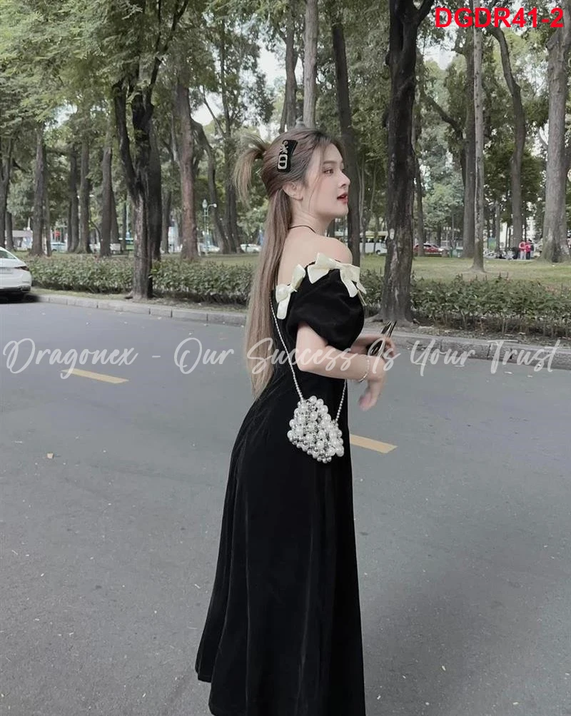 Long Black Dress With Bow Tie At The Collar And Short Fluttering Sleeves Street Style For Pretty Girls Best Selling Good Quality