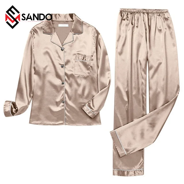 OEM design customized Pajamas Silk Satin Sleepwear Long Sleeve Top And Trouser for men and women