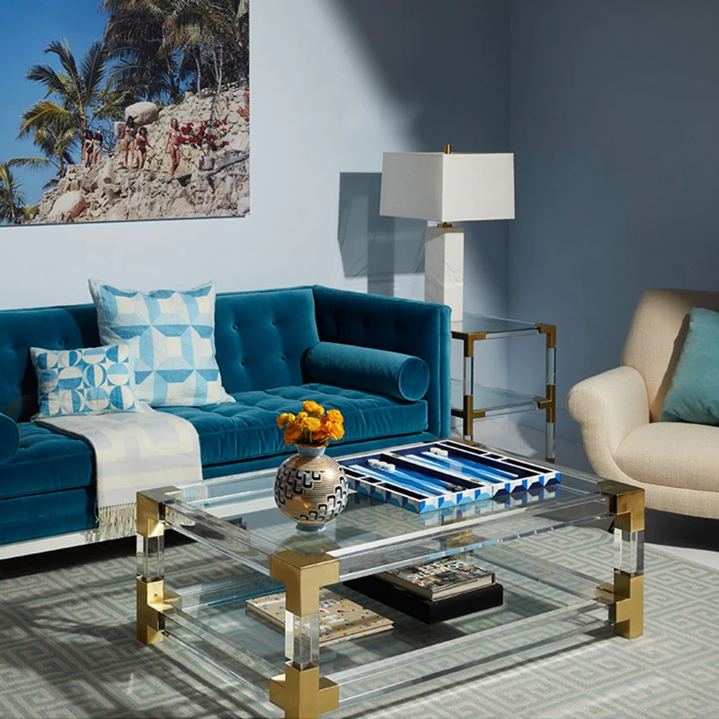 Jonathan Adler transparent acrylic coffee table tempered glass layer stainless steel acrylic console unique design end table