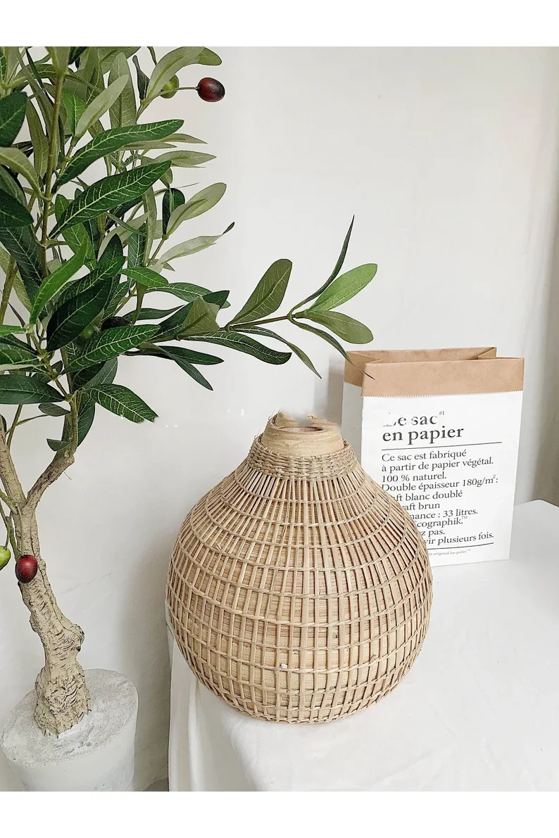 Bamboo Handmade Woven Basket with Black Paint and Cotton Hair Balls for Decoration perfect for Storage or Plant Pot