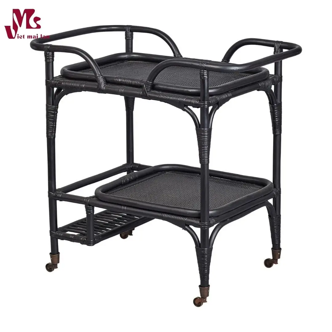 Round Rattan Side Table Rattan Bar Cart with Rolling Foot Woven Side Table Natural Brown Rattan Wine Cart
