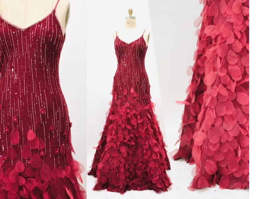 90s 00s Vintage Bias Cut Dark Red Sequin Evening Gown Dress Sue Wong Medium Red Floral Sequin Silk Gown Dress y2k Pageant Party