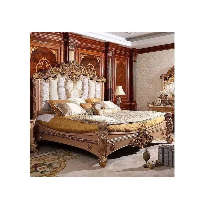 Exclusive Gold Finish King Bedroom furniture Grand Villa Queen Size Four Poster Bed Best Quality Premium Queen Size Crown Bed
