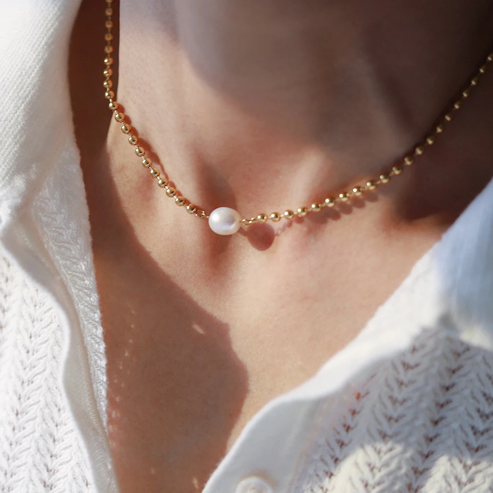 Minimalist Jewelry 18k Gold Plated Stainless Steel Balled Chain with Freshwater Pearl Pendant Necklace