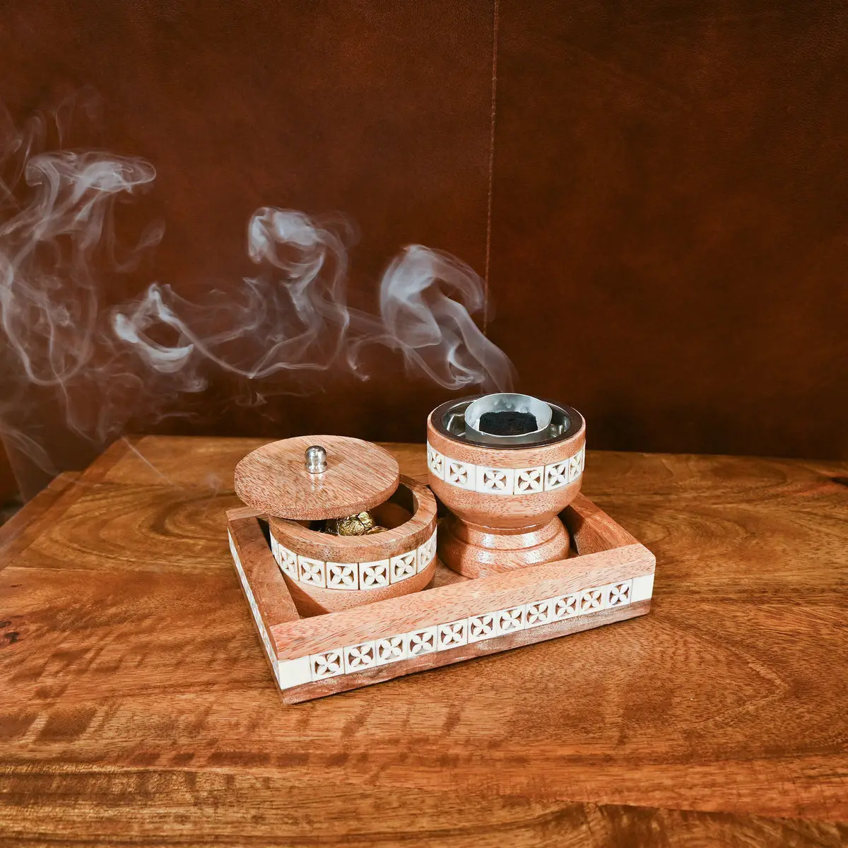 Unique Candle Jar Premium Quality Wood and Mother of Pearl Mubkhar Set Bone Inlay Box Burner Incense Bakhoor Gifts