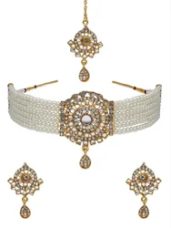 Traditional Choker Necklace Set in Gold finish Green Artificial Stone Indian Pearls Choker Necklace with Earring and Maang Tikka