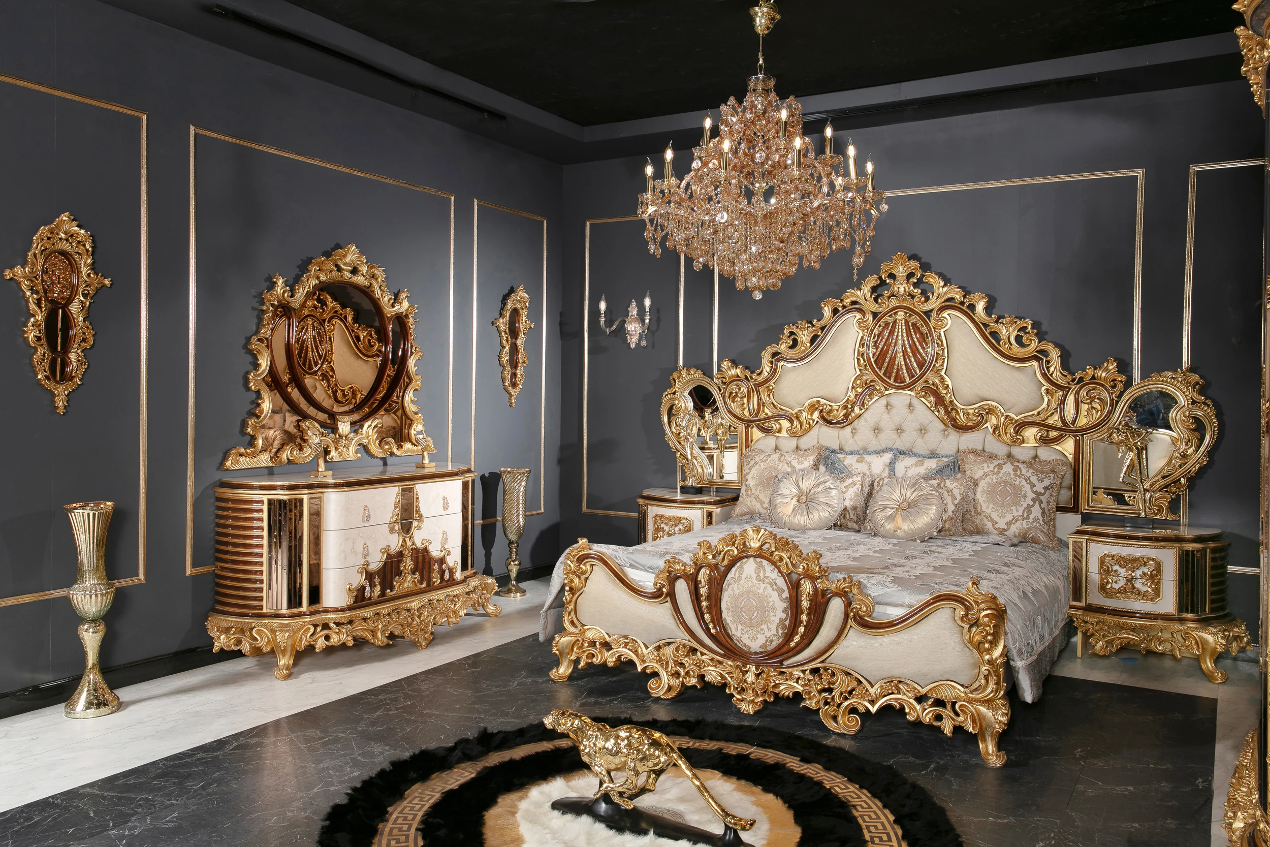 Turkish Middle East Eastern Luxury Antique Royal Hand Carved Bedroom Furniture Classical Meuble White Gold Most Popular Bed Set
