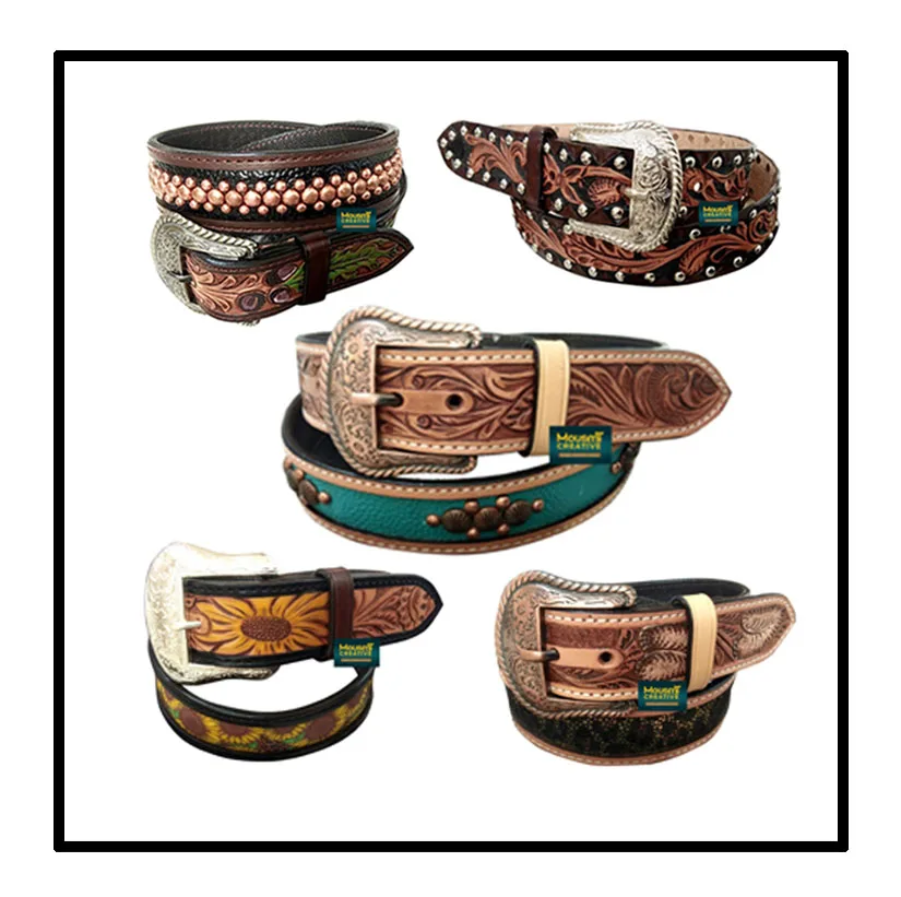 Hot Sale Cowboy Custom Engraved Genuine Cowhide Leather Belt Studded Inlaid Patches Multi Western Designs Available OEM Accepted