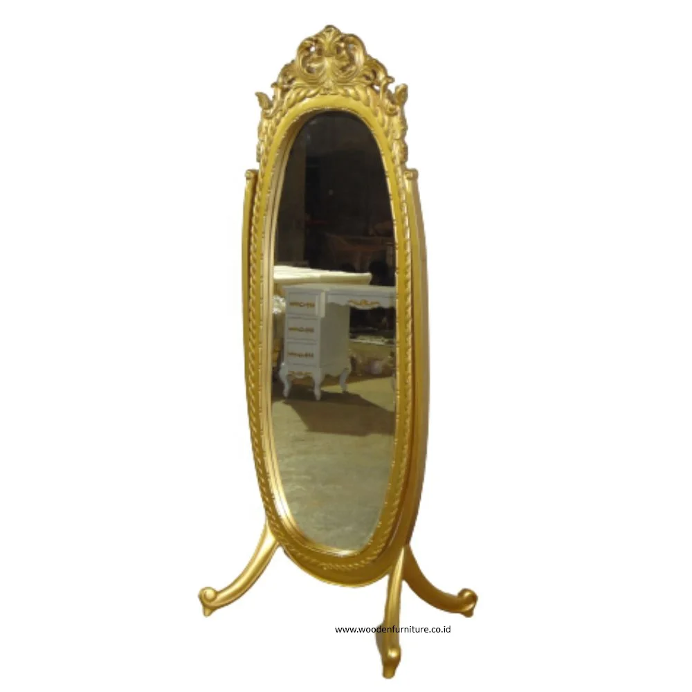 Gold Painted Standing Mirror Wooden Oval Floor Mirror Long Large Frame With Hand Carving Designed for European Style Furniture