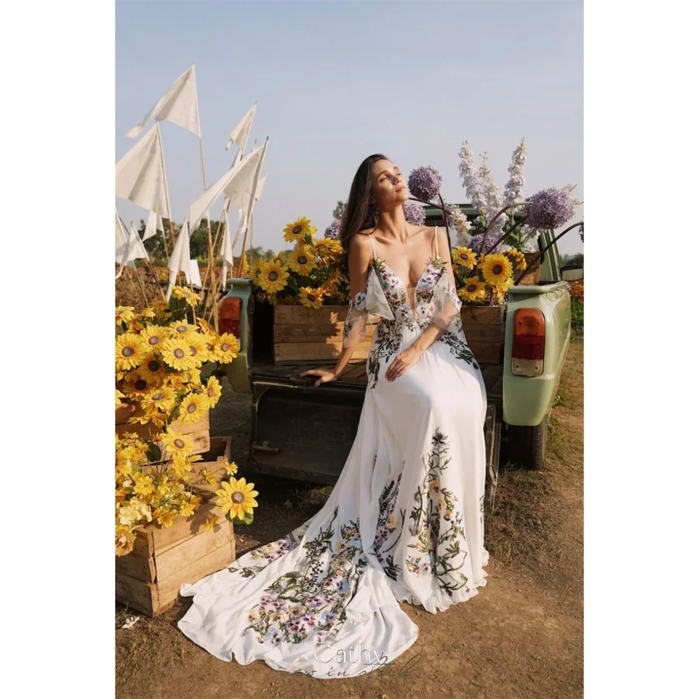 Белые шелковые атласные свадебные Платья с цветочным принтом V-образным вырезом вечернее платье элегантные бретельки-спагетти