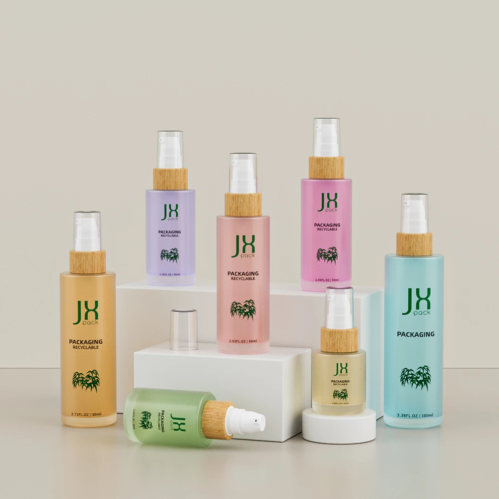 Custom 20ml 30ml 40ml 50ml 60ml 80ml 100ml empty cosmetic bamboo lid glass serum lotion pump fine mist spray bottle