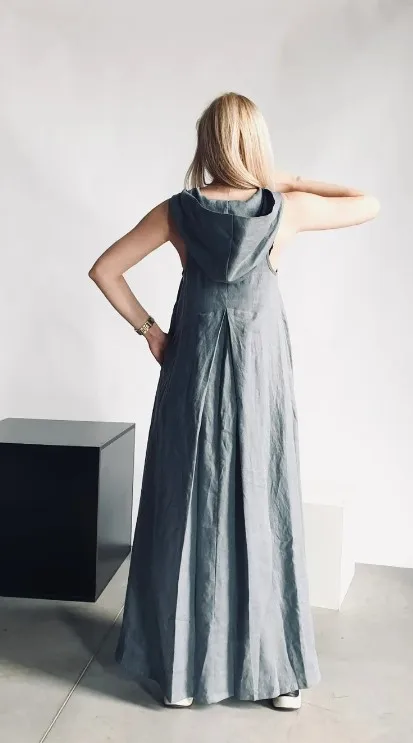 New Arrivals women long 100% linen floor length sleeveless linen long hoodie maxi with pocket linen dress