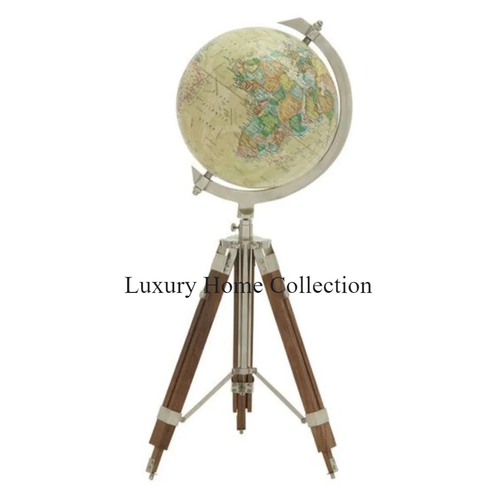 Wooden Tripod Design Base Or Stand With Round Shape Rotating Globes For Office Home School And Geographical Accent Decor