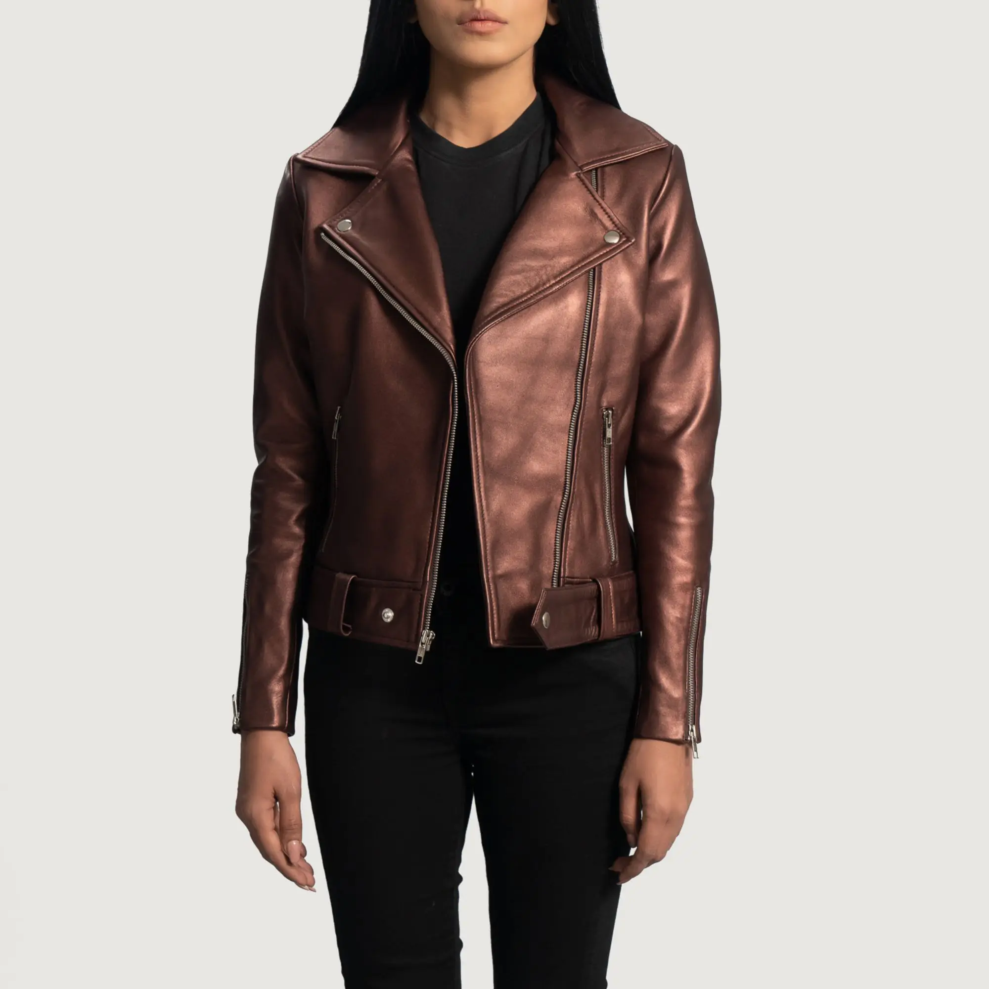 Real Leather Sheepskin Aniline Zipper Rumy Maroon Women Biker Jacket with Quilted Viscose Lining and Inside Outside Pockets