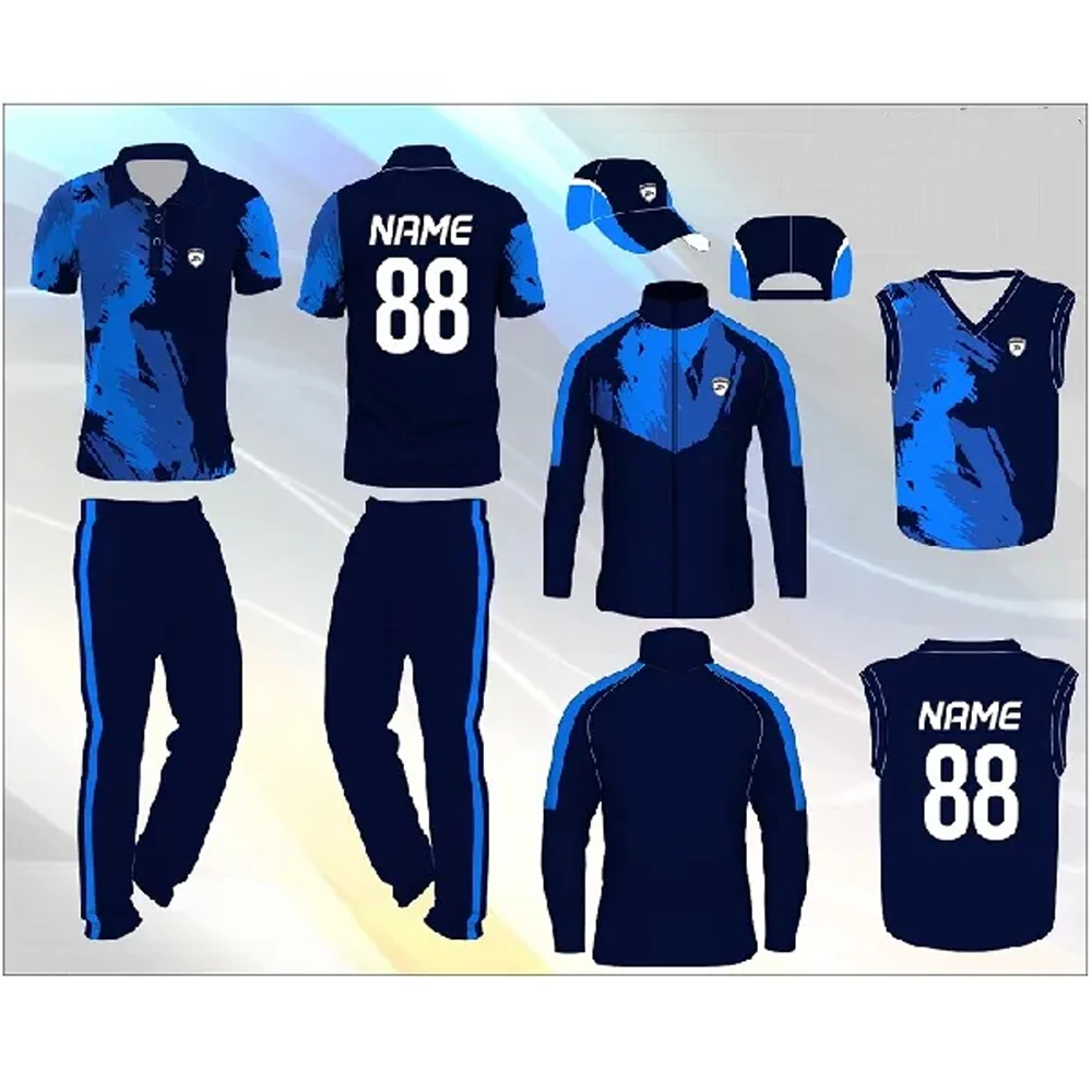 Custom Blue Aan Black New Zealand 200 Gsm Full Hand Long Sleeve Breathable Sublimation  whites cricket uniform Kit